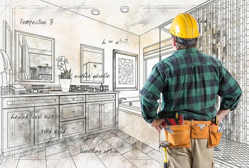 Contractor With Hard Hat and Tool Belt Facing Custom Master Bathroom Design Drawing Details