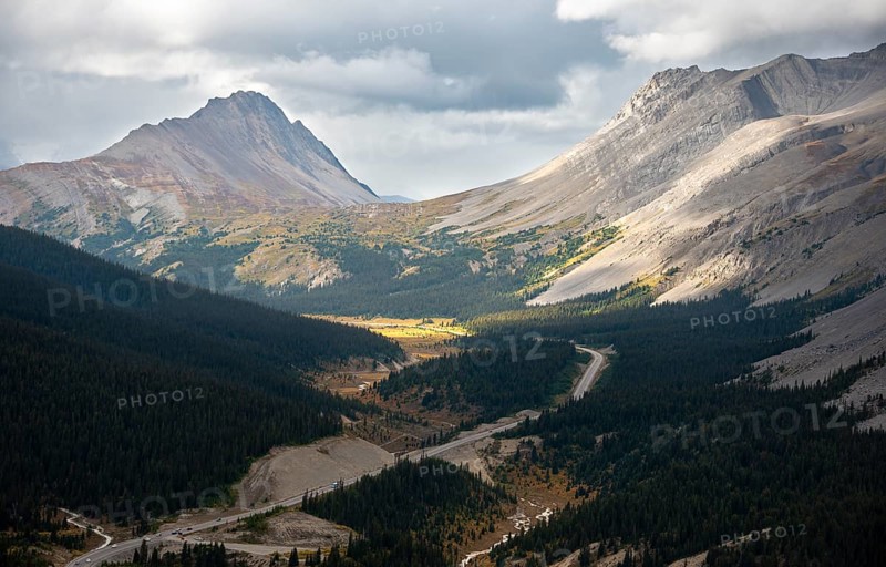 View of mountains Mount Wilcox and Nigel Peak and Wilcox Pass in autumn