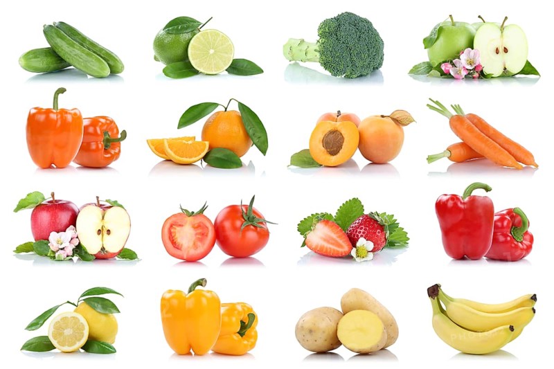 Fruits fruits and vegetables apple tomatoes orange lemon carrots colors collection clipping isolated against a white background