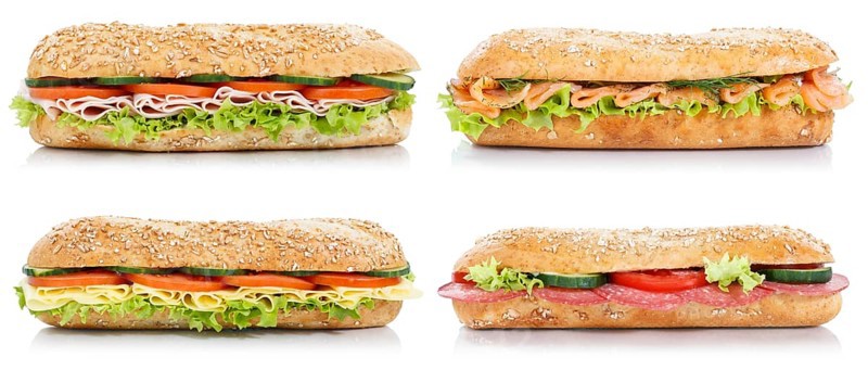 Rolls with ham salami cheese salmon fish collection side exempted exempted wholemeal baguettes isolated