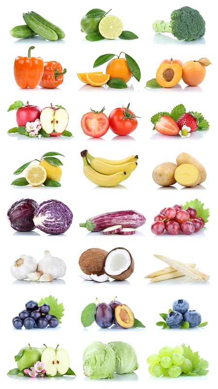 Fruits fruits and vegetables apple tomatoes orange lemon lettuce colors collection cropped isolated against a white background