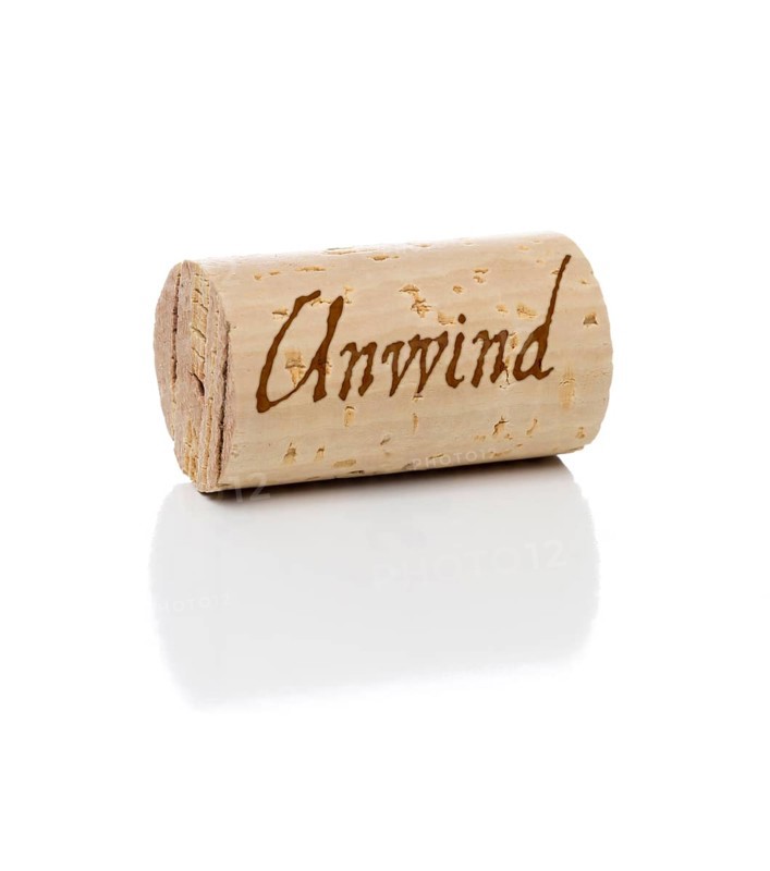 Unwind branded wine cork isolated on a white background
