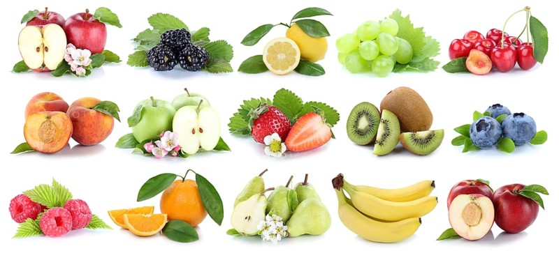 Fruit fruit collage apple orange banana oranges kiwi apples pear grapes cherries cropped against a white background