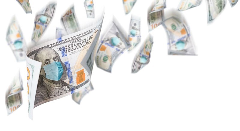 100 dollar bills with medical face mask falling from above on white background