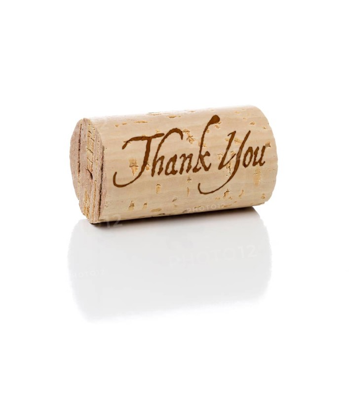 Thank you branded wine cork isolated on a white background
