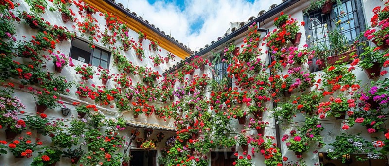 Many red geraniums in flower pots on the house wall