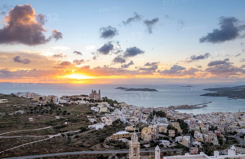 View from Ano Syros to the houses of Ermoupoli with the Anastasi Church or Church of the Resurrection