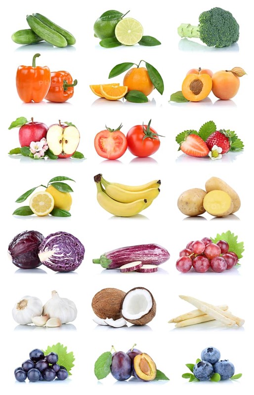 Fruits fruits and vegetables apple tomatoes orange lemon grapes berries colors collection cropped isolated against a white background