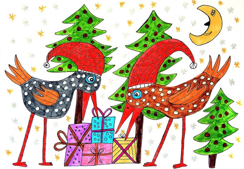 Two colorful birds bending over christmas presents
