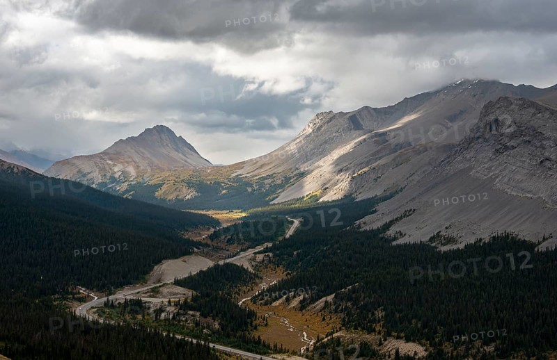 View of mountains Mount Wilcox and Nigel Peak and Wilcox Pass in autumn