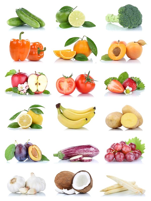 Fruits fruits and vegetables apple tomatoes orange lemon grapes colors collection clipping isolated against a white background