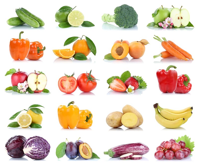 Fruits fruits and vegetables apple tomatoes orange lemon grapes colors collection clipping isolated against a white background