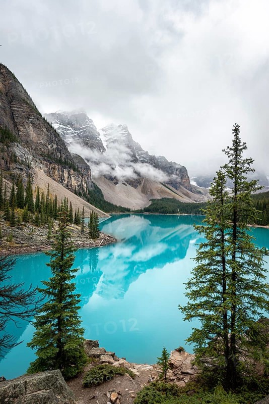 Clouds hanging between mountain peaks