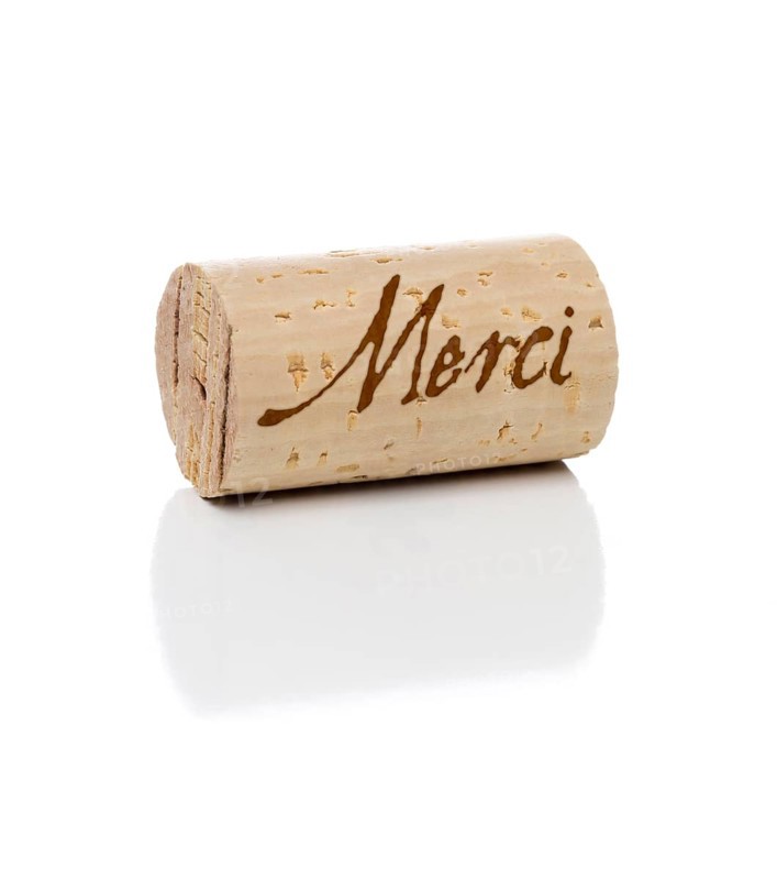 Merci branded wine cork isolated on a white background