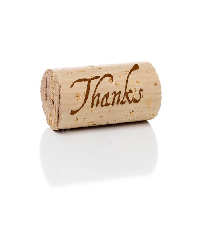 Thanks branded wine cork isolated on a white background