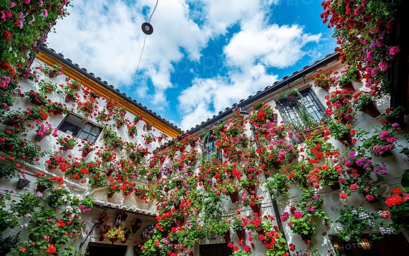 Many red geraniums in flower pots on the house wall