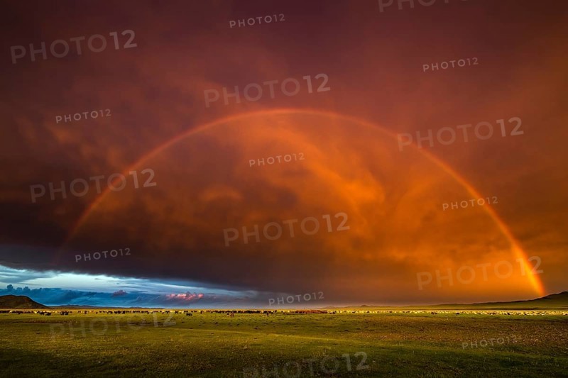 Rainbow on steppe with sunset