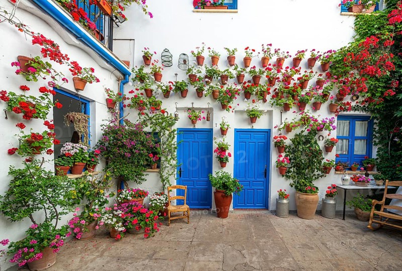 Blue entrance door in courtyard decorated with flowers