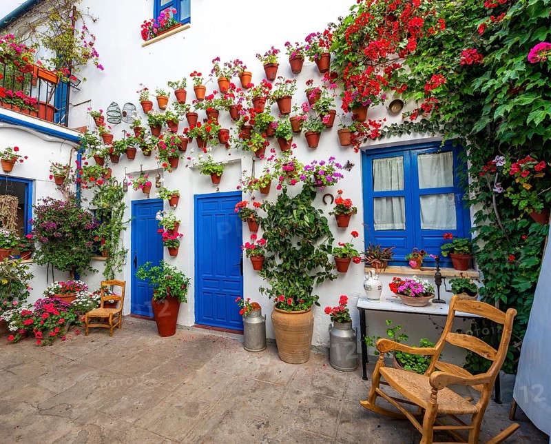Blue entrance door in courtyard decorated with flowers