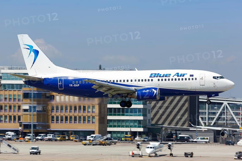 A Blue Air Boeing 737-300 with registration YR-BAP lands at Stuttgart Airport