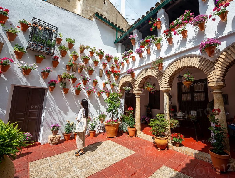 Young woman standing in a courtyard decorated with flowers