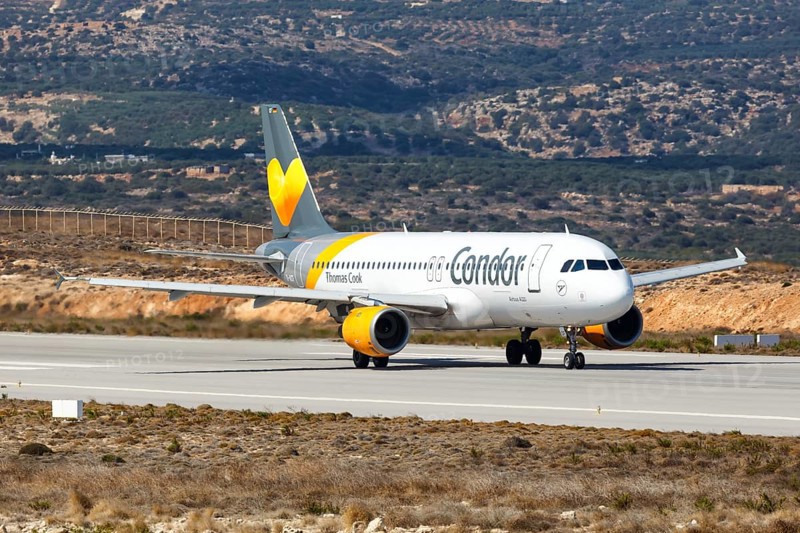 An Airbus A320 aircraft of Condor with registration number D-AICF at Sitia Airport