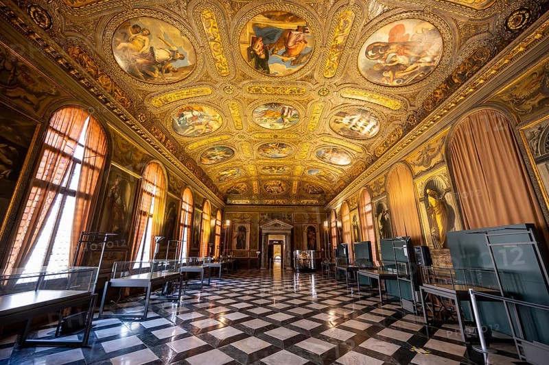 Splendid exhibition room with ornate ceiling vault