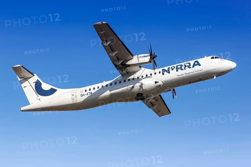 A NORRA ATR-72-500 aircraft with registration OH-ATM takes off from Helsinki Airport