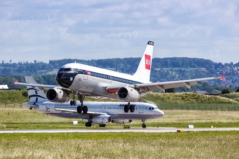 An Airbus A319 aircraft of British Airways with the registration G-EUPJ in the retro special livery lands at Stuttgart Airport
