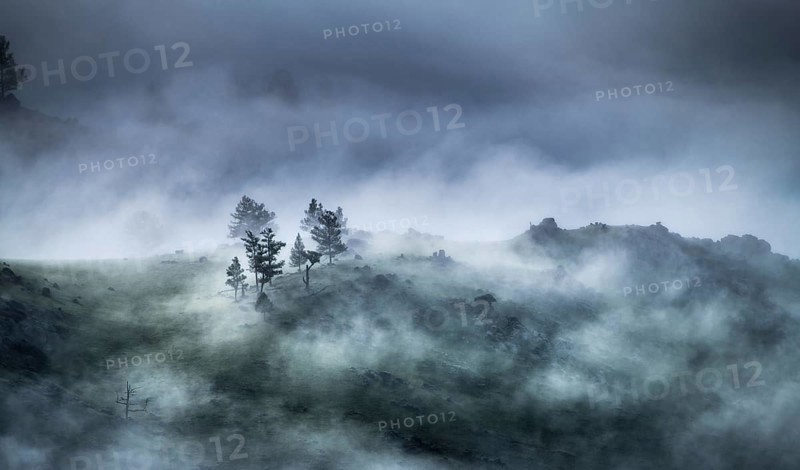 Fog in Orkhon river valley in the morning
