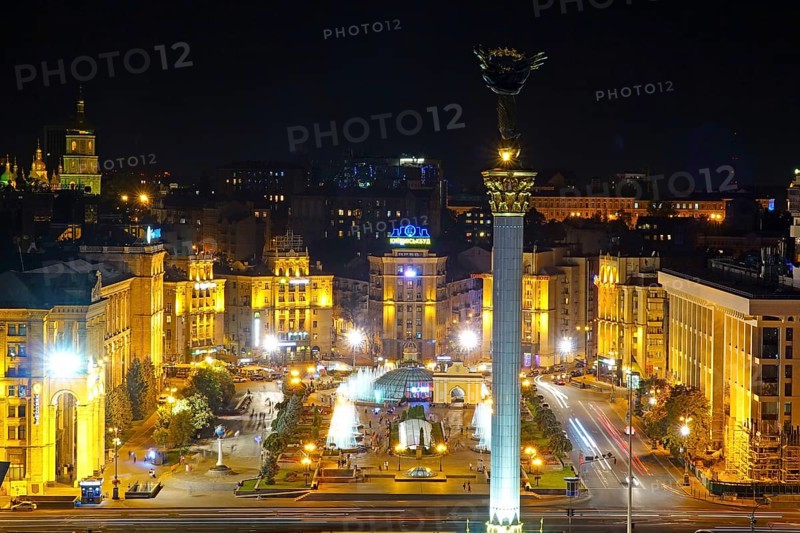 View at night from Hotel Ukrajina to the Independence Square Majdan Nesaleshnosti