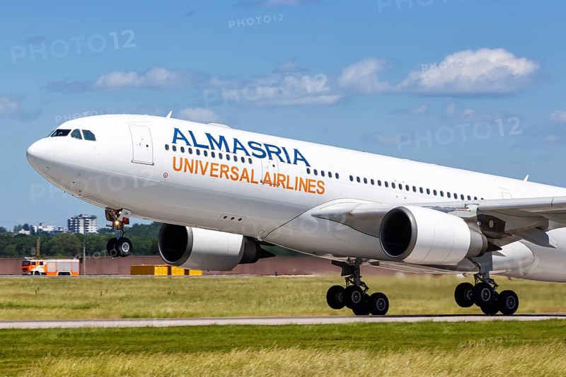 An Airbus A330-200 aircraft of Almasria Universal Airlines with the registration SU-TCH takes off from Stuttgart airport
