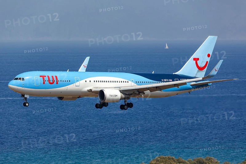 A TUI Boeing 767-300ER with the registration G-OBYH lands at Rhodes Airport
