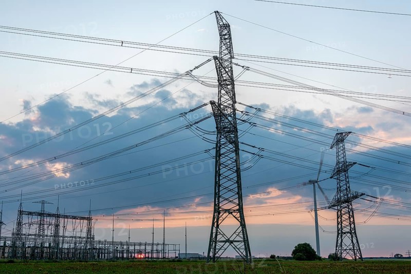Power pylons at sunset