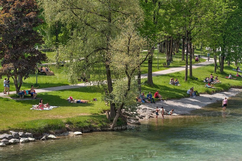 Isar bank with people