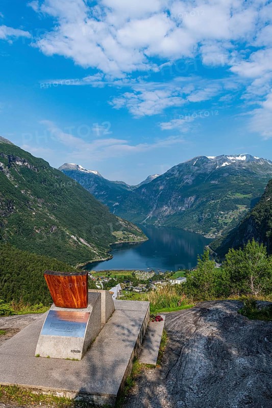 Design chair on a overlook over Geirangerfjord