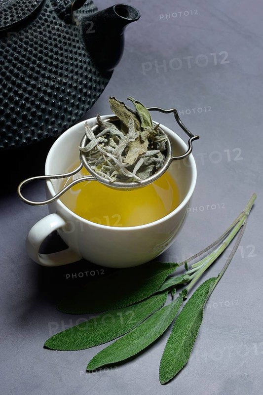 Sage tea in cup with tea strainer