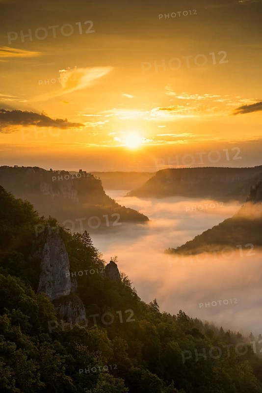 View from Eichfelsen to Werenwag Castle with morning fog