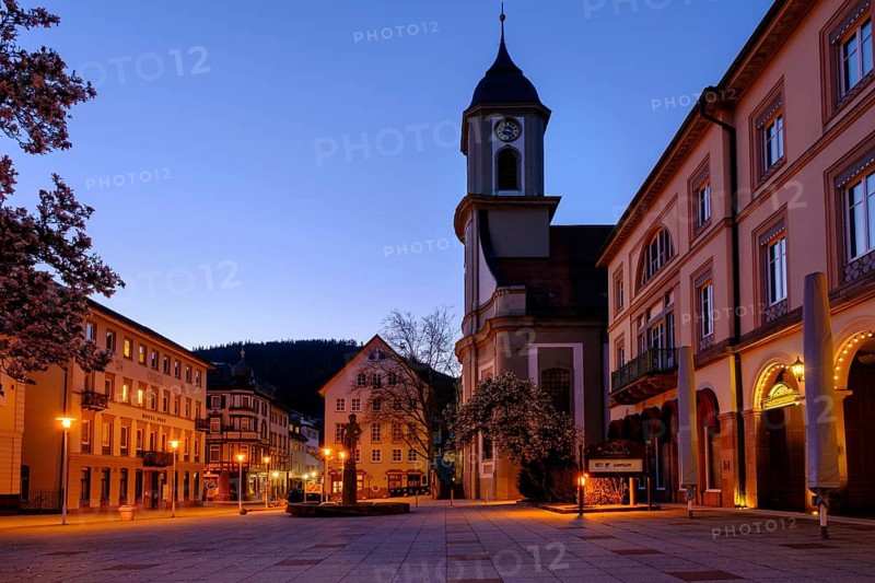 Twilight at the spa square with protestant church