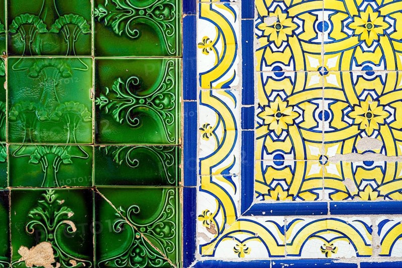 Close up of two types of typical Portuguese tiles called azulejo
