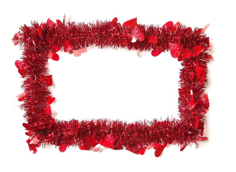 Red tinsel with hearts border frame shape on a white background ready for your own message