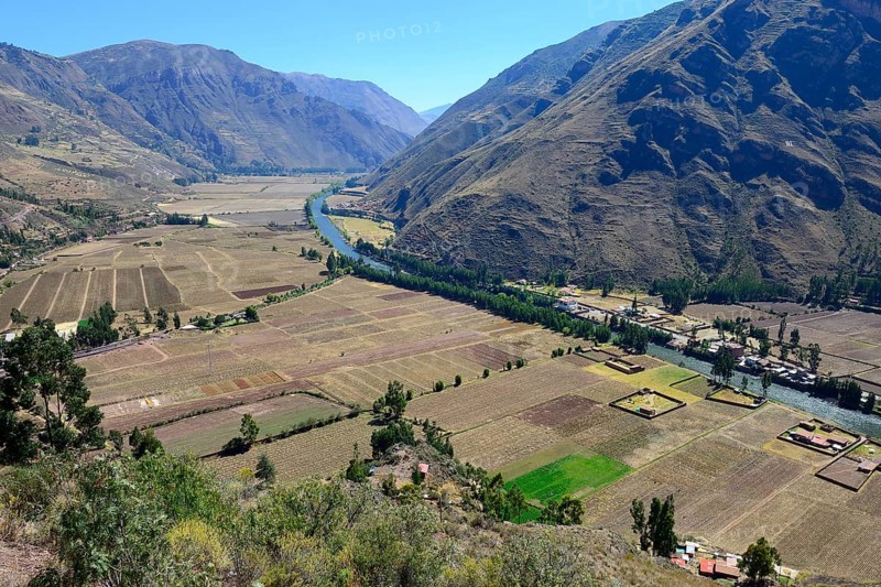 Harvested fields in Valle Sagrado at Rio Urubamba