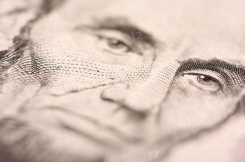 Abstract macro of U.S. five dollar bill's abraham lincoln face with narrow depth of field