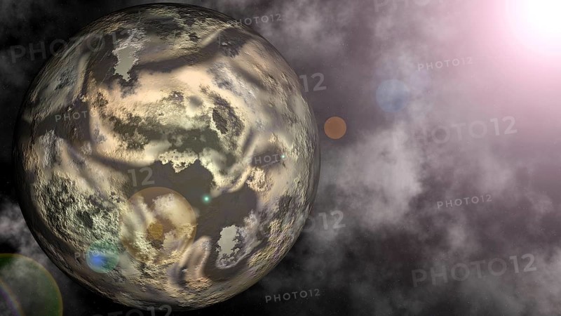 Digitally created illustration of planet Pluto with starry sky
