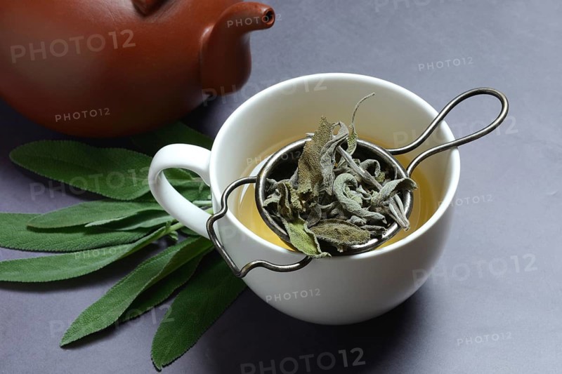 Sage tea in cup with tea strainer