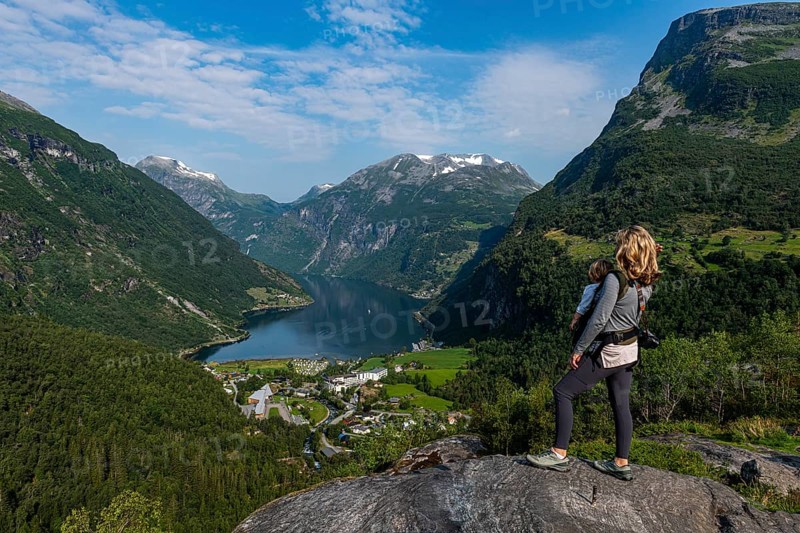 Mother with child overlooking Geirangerfjord