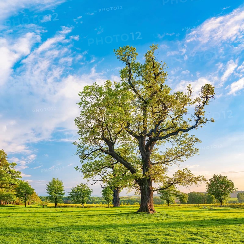 Meadow with old gnarled solitary oaks