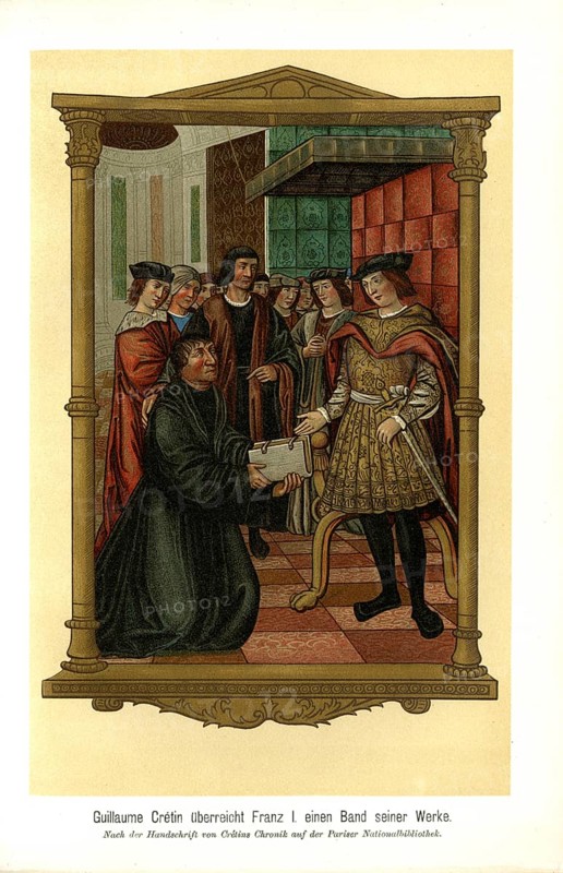 Guillaume Cretin presents Francis I with a volume of his works