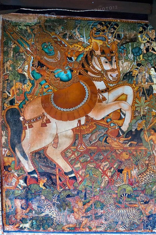 18th century mural paintings depict Sastha astride a horse at Pundareekapuram temple is dedicated to lord vishnu atop hill Midayikunnam near Thalayolapparambu