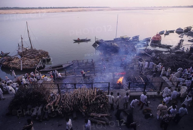 Manikarnika Ghat in Varnasi in India. Varnasi the Quintessential Hindu city